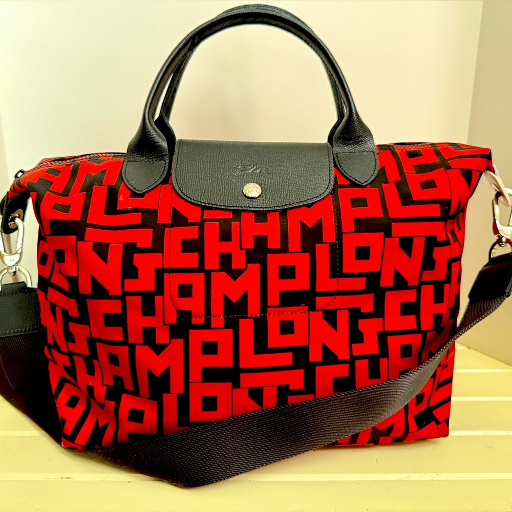 Longchamp Le Pliage Print Red & Black Logo Tote